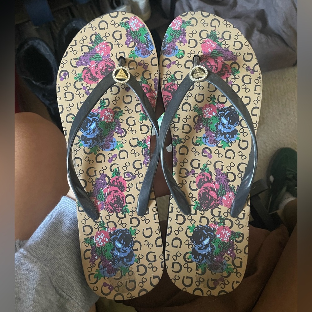 Guess Black and Gold Logo Flip Flops
